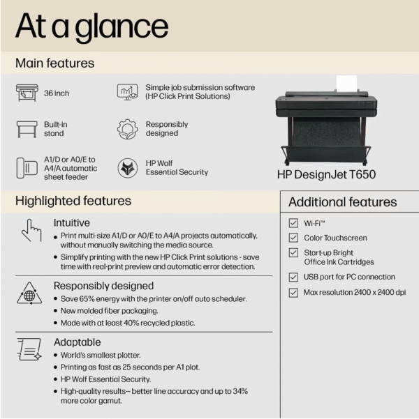 HP DesignJet T650 36 (91.4 cm) Large Format A0 Plotter Printer / 5HB10D - Image 5